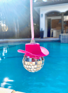 Pink Cowgirl Hat Disco Ball Car Hanging Rear View Mirror Accessory l Cowboy Disco Ball and Pink Hat l Trendy Car Accessories l Car Decor Car Accessory Miami Design Shops 