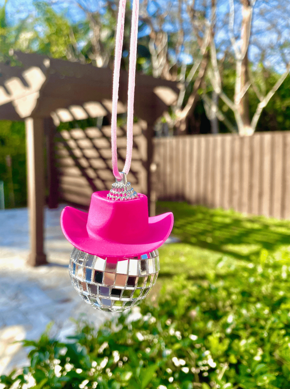 Pink Cowgirl Hat Disco Ball Car Hanging Rear View Mirror Accessory l Cowboy Disco Ball and Pink Hat l Trendy Car Accessories l Car Decor Car Accessory Miami Design Shops 