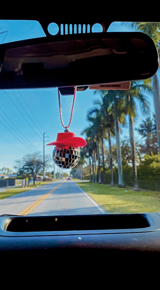 Pink Cowgirl Hat Disco Ball Car Hanging Rear View Mirror Accessory l Cowboy Disco Ball and Pink Hat l Trendy Car Accessories l Car Decor Car Accessory Miami Design Shops 